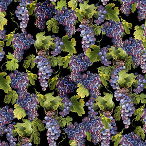 Wine Country - Grapes Vines on Black Yardage