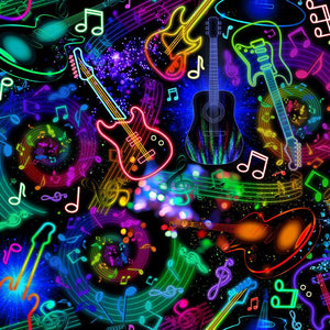 Rockstar - Neon Music Notes And Guitars Yardage