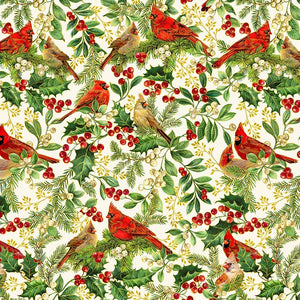 Deck The Halls - Christmas Magic - Cardinal On Branches Cream Metallic Yardage