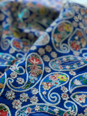 Blue Paisley Embroidered Crepe Silk Fabric