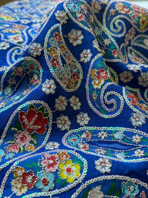 Blue Paisley Embroidered Crepe Silk Fabric