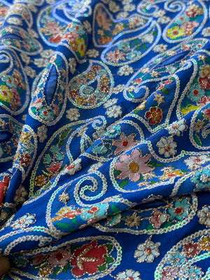 Blue Paisley Embroidered Crepe Silk Fabric