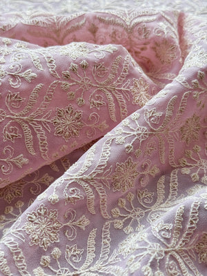 Light Lilac Embroidered Georgette Fabric - Lucknowi Work