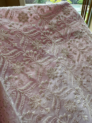 Light Lilac Embroidered Georgette Fabric - Lucknowi Work