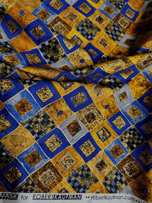 Gustav Klimt - Gold Metallic Diamonds and Squares Cobalt Yardage