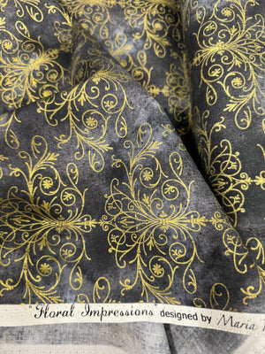 Floral Impressions - Washed Tonal Filigree Faded Dark Gray Gold Metallic Yardage