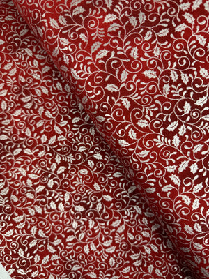 Holiday Wishes - Mistletoe Scroll Crimson/Silver Metallic Yardage