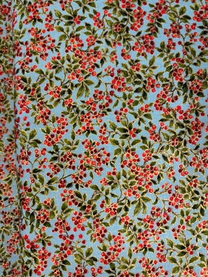 Holly Night Frost - Christmas Berries Aqua Metallic Yardage