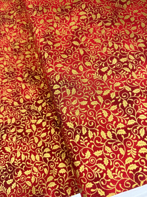 Holiday Wishes - Mistletoe Scroll Scarlet/Gold Metallic Yardage