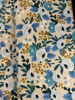 Garden Party - Rosa Blue Unbleached Canvas Yardage