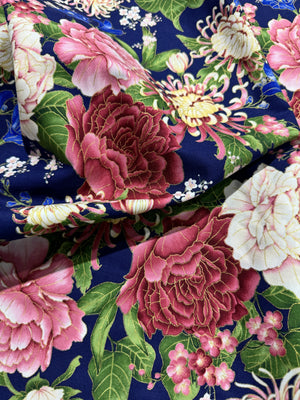 Sakura - Chrysanthemums and Peonies Navy Metallic Yardage