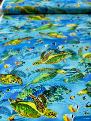 Deep Blue Sea - Realistic Sea Turtle And Sea Life Yardage