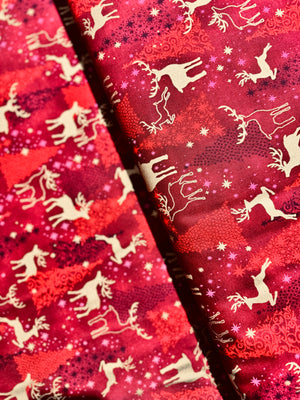 Traditional Trimmings - Gold Deer Silhouettes on Cranberry Yardage