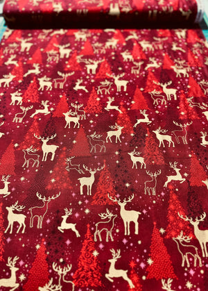 Traditional Trimmings - Gold Deer Silhouettes on Cranberry Yardage