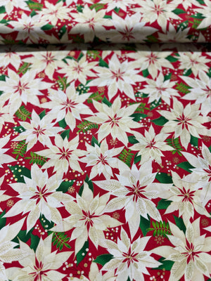 Merry & Bright - Elegant Poinsettias Red/Gold Metallic Yardage