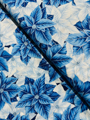 Holiday Flourish - Festive Finery - Packed Poinsettias Blue Silver Yardage