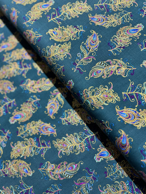 Peacock Flourish - Floating Feathers Small Dark Teal Multi Yardage