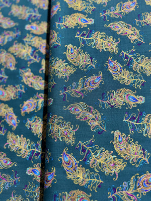 Peacock Flourish - Floating Feathers Small Dark Teal Multi Yardage