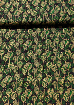 Traditional Trimmings - Gold Ornaments on Evergreen Yardage