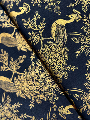 Menagerie - Royal Peacock Navy Canvas Metallic Yardage