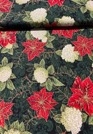 Holiday Flourish-Snow flower - Poinsettia Blooms Evergreen Gold Metallic Yardage