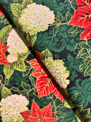 Holiday Flourish-Snow flower - Poinsettia Blooms Evergreen Gold Metallic Yardage