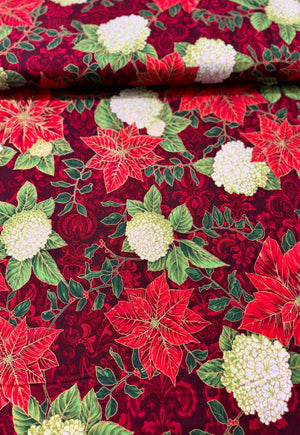 Holiday Flourish-Snow flower - Poinsettia Blooms Cranberry Gold Metallic Yardage