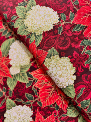 Holiday Flourish-Snow flower - Poinsettia Blooms Cranberry Gold Metallic Yardage