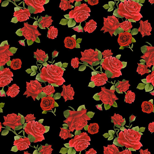 Vintage Rose - Tossed Medium Roses Black Fabric