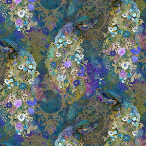 Flourish - Peacock Bird Floral Teal Fabric