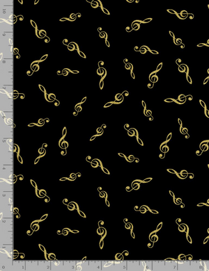 Tossed Metallic G-Clefs Black Fabric