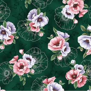 Fly Freely - Florals Deep Emerald/Silver Fabric