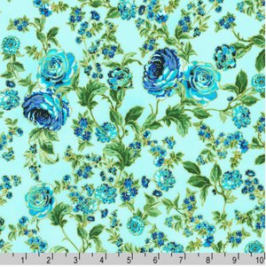 Decadent Garden - Florals and Leaves Aqua Metallic Yardage