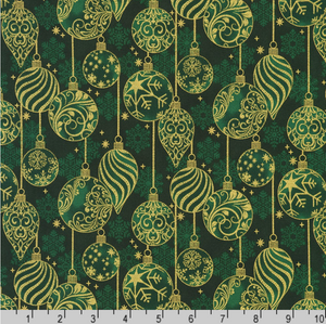 Traditional Trimmings - Gold Ornaments on Evergreen Yardage