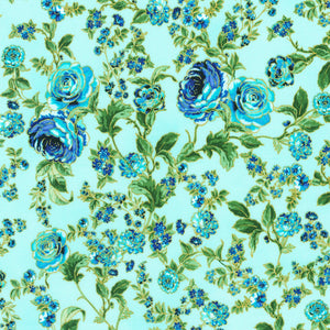 Decadent Garden - Florals and Leaves Aqua Metallic Yardage