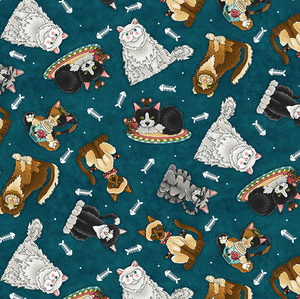 Live Love Meow Cat Allover on Dark Teal by Henry Glass Fabrics