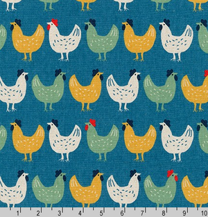 Sevenberry Cotton Flax Prints - Hens on Blue