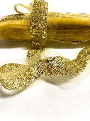 Gold Sequins on Mesh Trim - Mesh Gold Sequins Ribbon