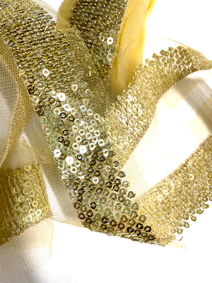 Gold Sequins on Mesh Trim - Mesh Gold Sequins Ribbon