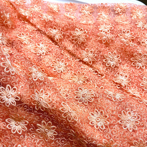 Peach Embroidered Net Fabric - Scalloped Edges