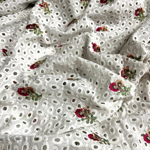 White Cotton Floral Embroidered Fabric