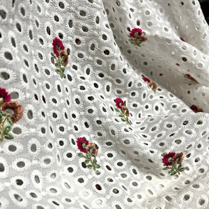 White Cotton Floral Embroidered Fabric