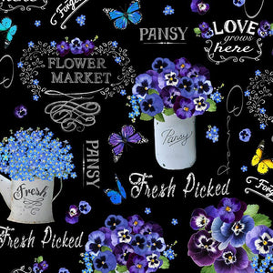 Pansy Paradise - Pansy Vase and Words Fabric