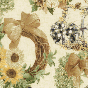 Country Harvest - Cream Sunflower Wreaths Metallic by Timeless Treasures