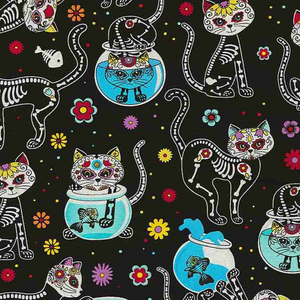 Sugar Skulls - Cat Skeletons & Fishbowls by Timeless Treasures 