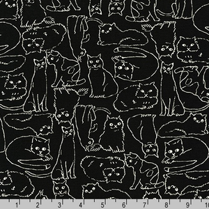 Sevenberry Cotton Flax Prints Cats on Black 
