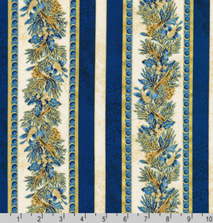 Winter's Grandeur 8 - Gold Metallic Pine Branch Stripes on Blue by Robert Kaufman