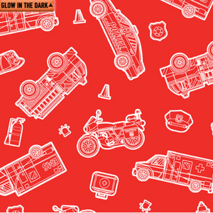 Save the Day - Glowing Rescue Vehicles on Red Glow in the Dark Fabric by Kanvas Studio