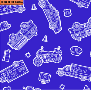 Save the Day - Glowing Rescue Vehicles on Blue Glow in the Dark Fabric by Kanvas Studio