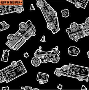 Save the Day - Glowing Rescue Vehicles on Black Glow in the Dark Fabric by Kanvas Studio